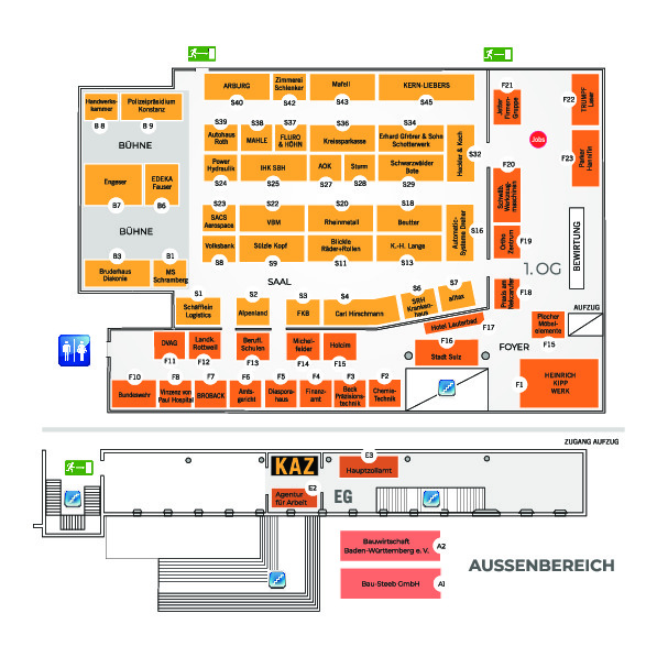 Hallenplan der KAZ 2026 in der Stadthalle im Backsteinbau mit Saal, Bühne, Foyer, Erdgeschoss und Außenbereich